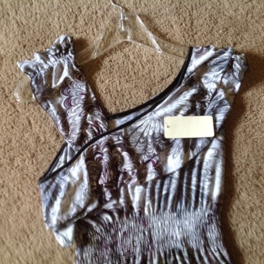 NWT RUFFLES! GRAY & BLACK PRINT DRESS SUNDRESS S - Picture 2 of 5